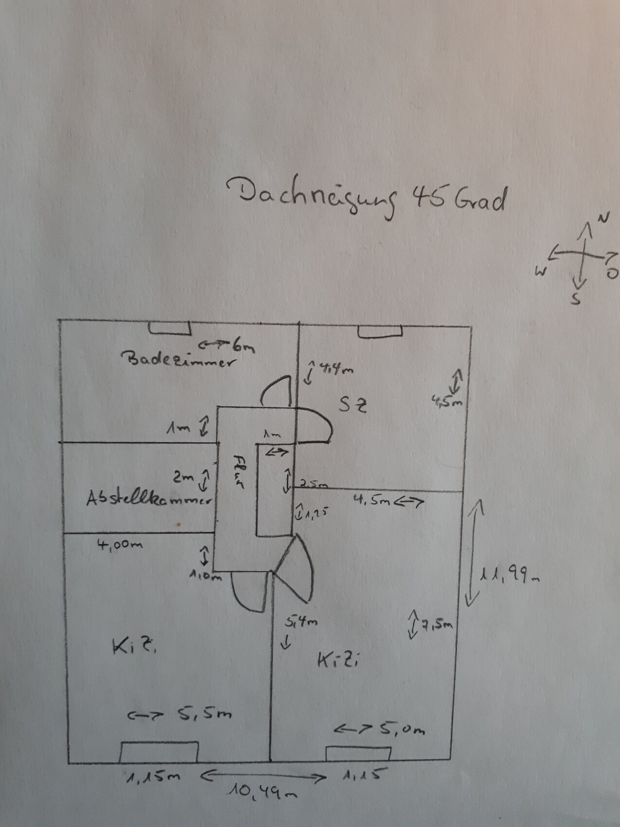 Hand-drawn attic floor plan with bathroom, storage room, two children’s rooms, bedroom, hallway and stairs