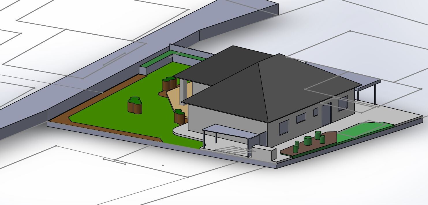 3D render of a modern single-family house with garden, terrace, and driveway.
