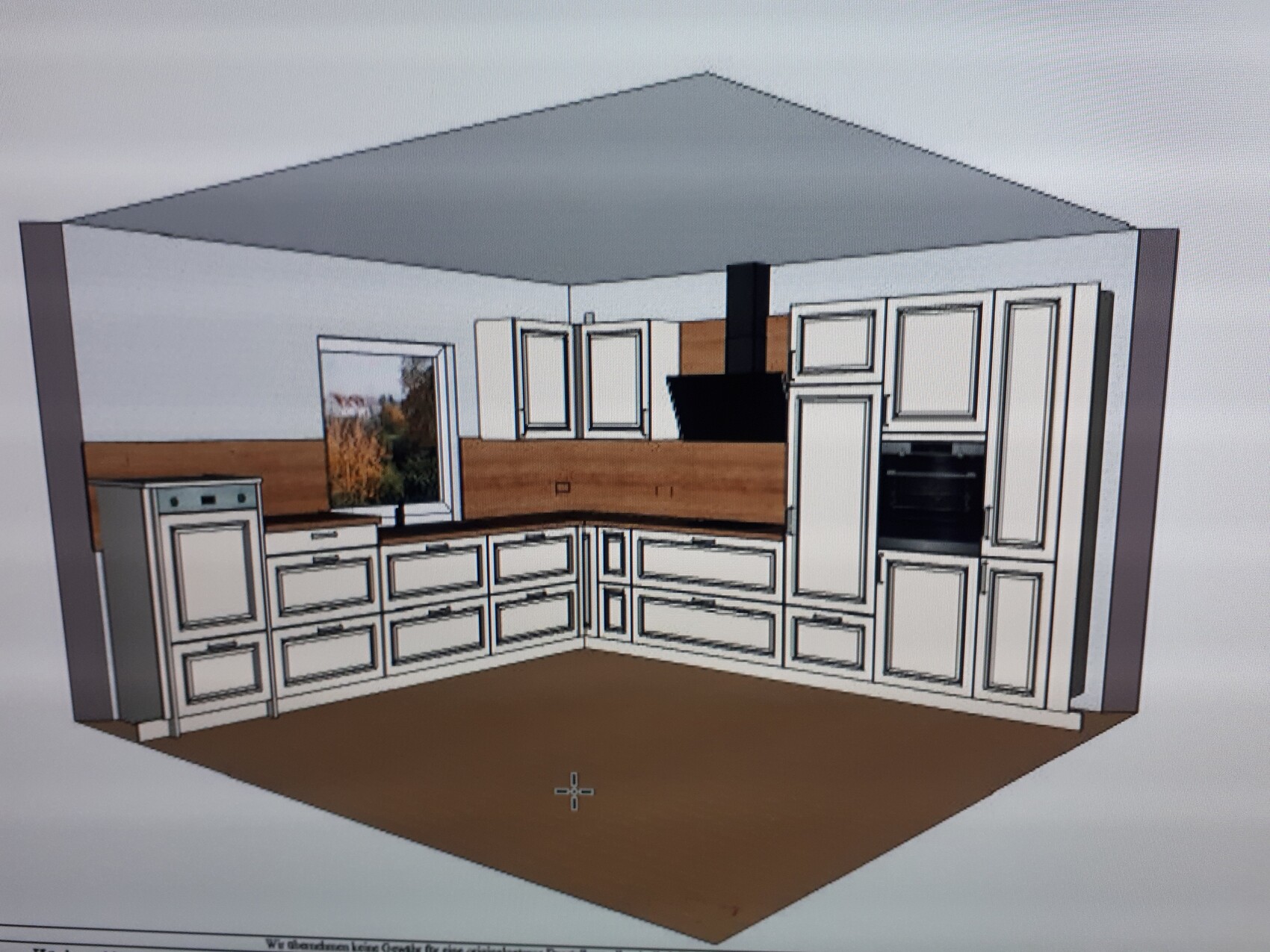 3D kitchen layout in U shape with white fronts, wood countertop, black hood, oven.