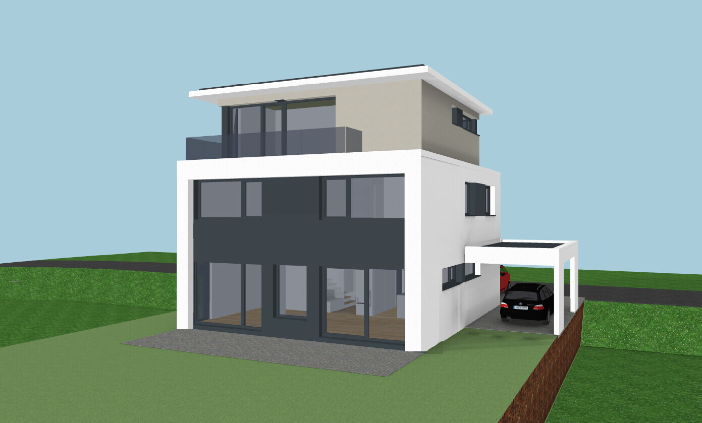 Modern three-story house with large glass façade, balcony, carport, and garden area.