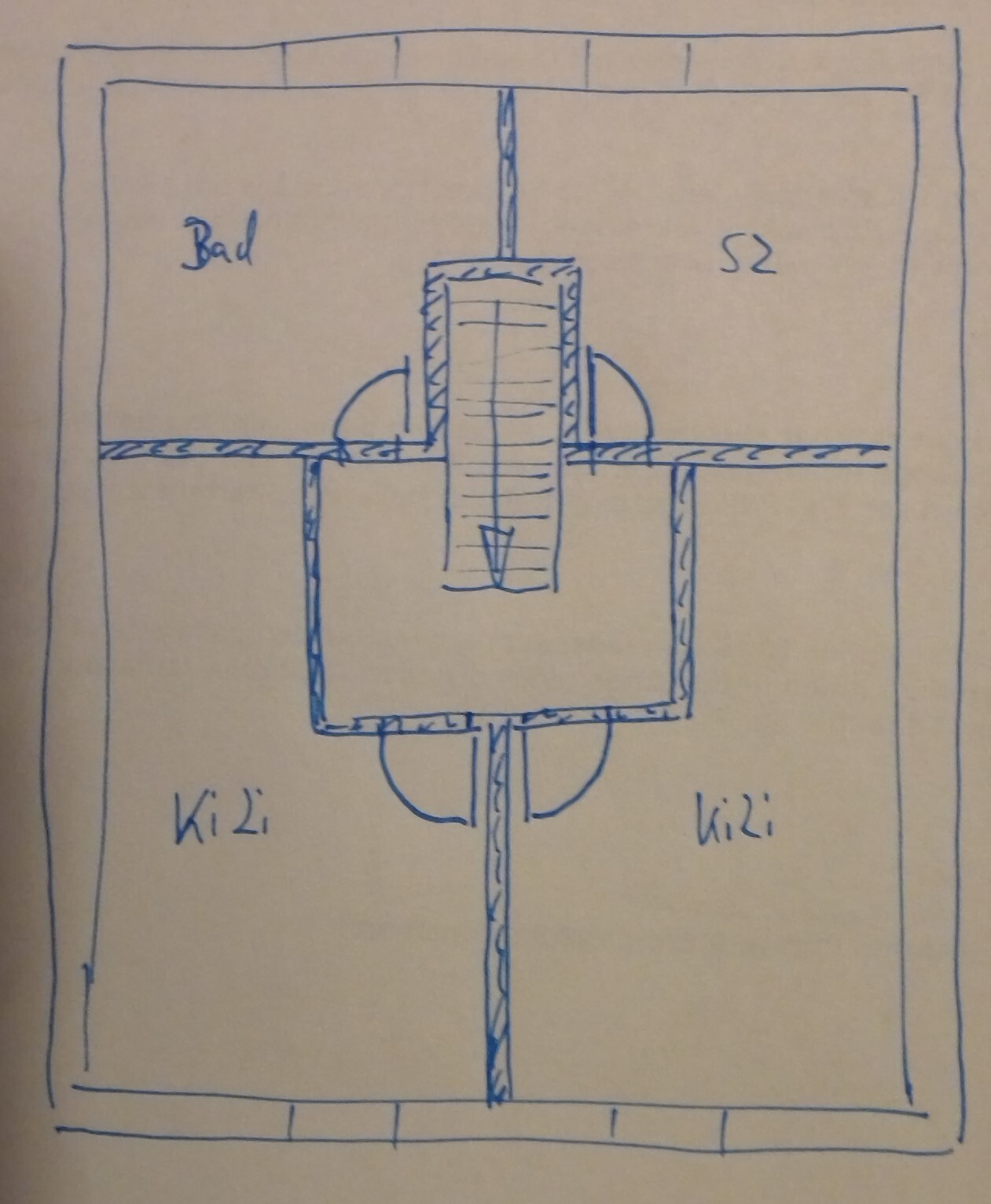 Floor plan sketch: Bathroom on the left, children's bedroom on the right; central vertical pipe shaft with cover.