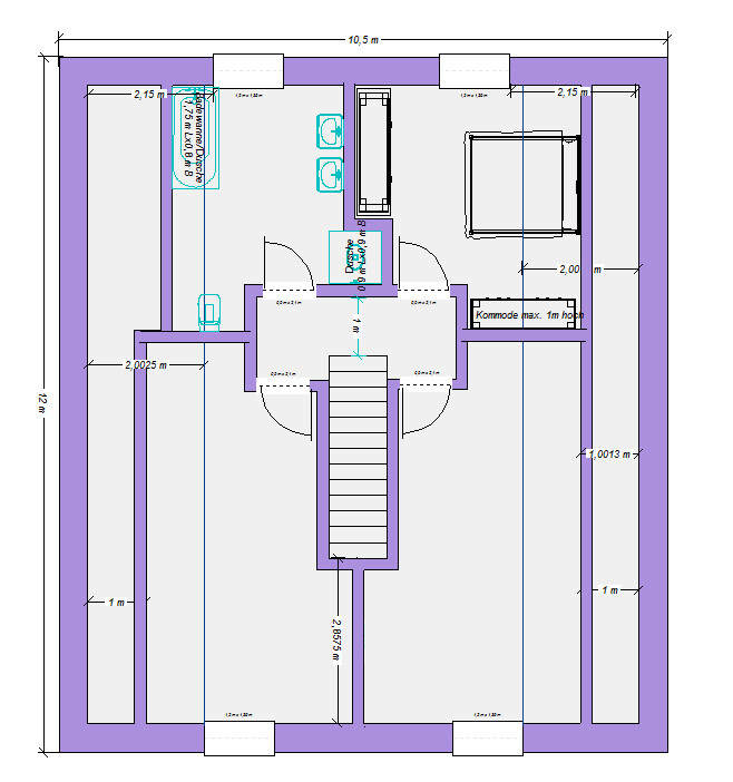 Floor plan of a house: staircase in the center, bedroom on the right, bathroom on the left, hallways.