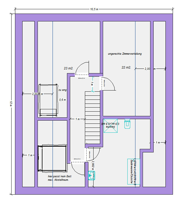 Floor plan of a house with staircase, doors, furniture, and a purple exterior wall; room sizes 22–23 m² (237–247 sq ft).