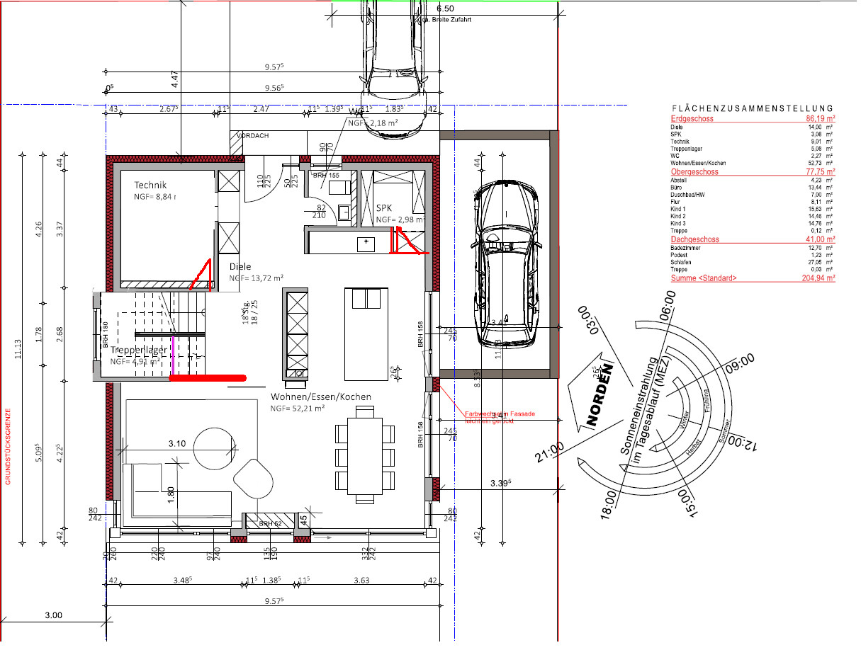 Grundriss eines Hauses: Erdgeschoss mit Wohnen, Kochen, Diele, Technikraum und Garage.