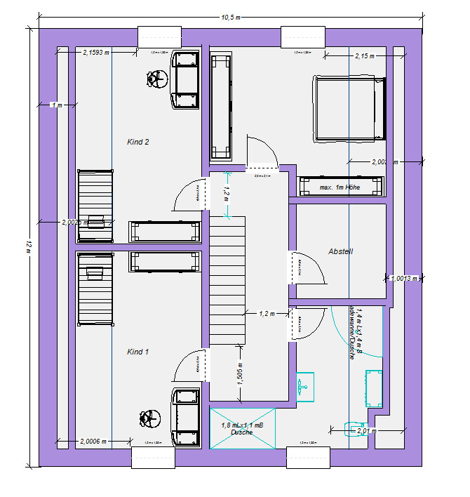 Floor plan of a house with two children's rooms, shower, storage room, hallway, and staircase.