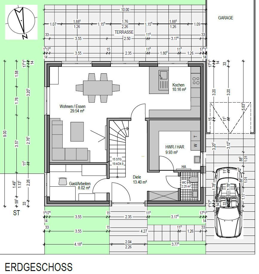 Ground floor plan: Living/Dining, Kitchen, Guest/Office, Hall, Utility room, WC, Terrace, Garage.