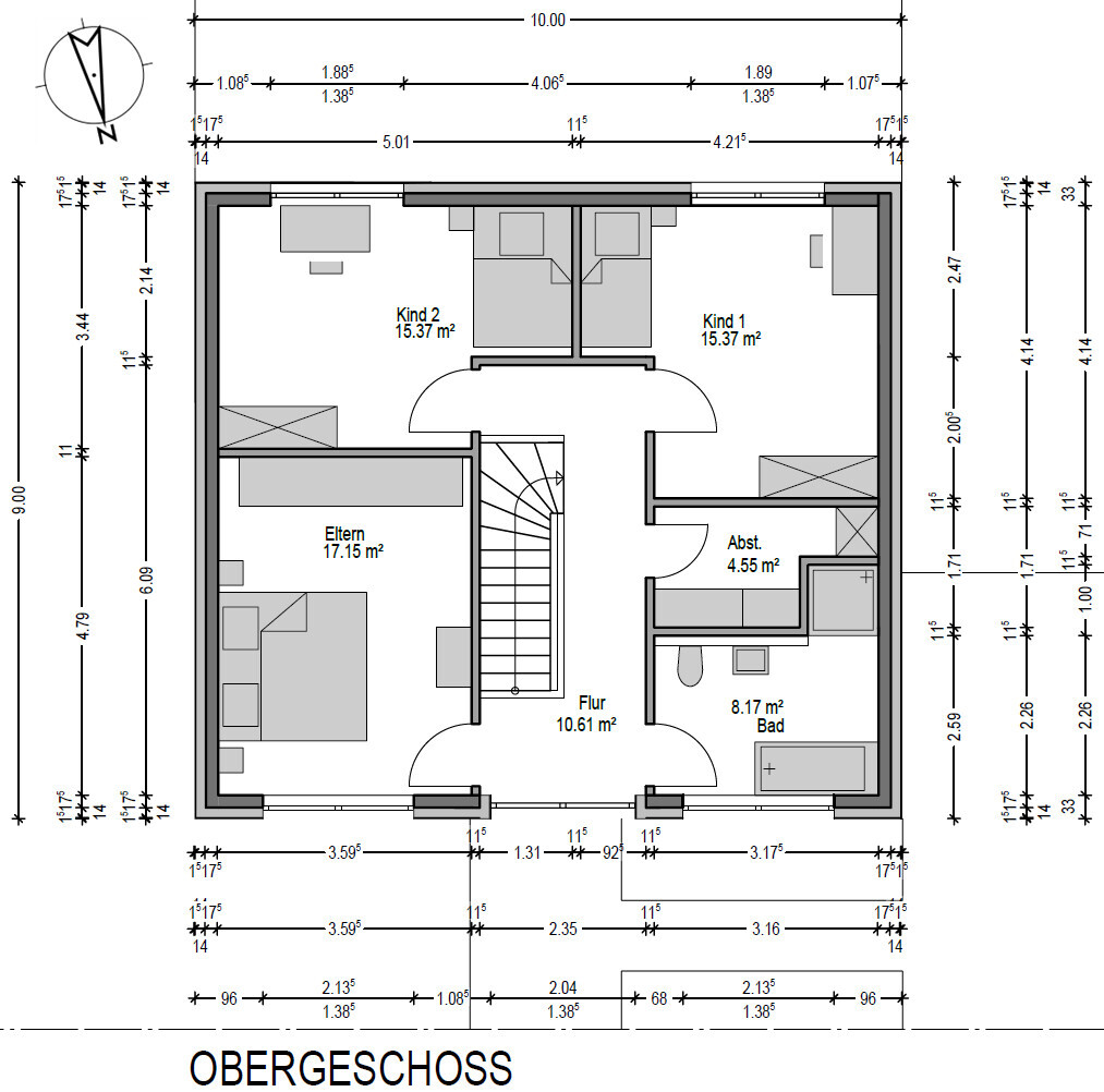 Upper floor plan: Master bedroom, Child 1 and Child 2 bedrooms, Bathroom, Hall, Storage room, Staircase.