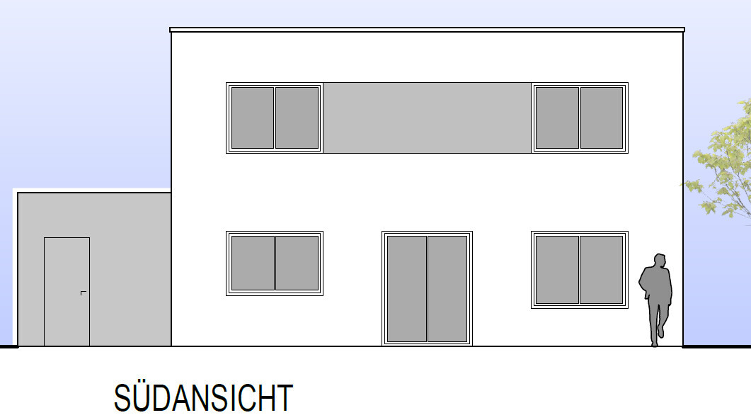 Modern white two-story facade with many windows, door on the left, person on the right (south view).