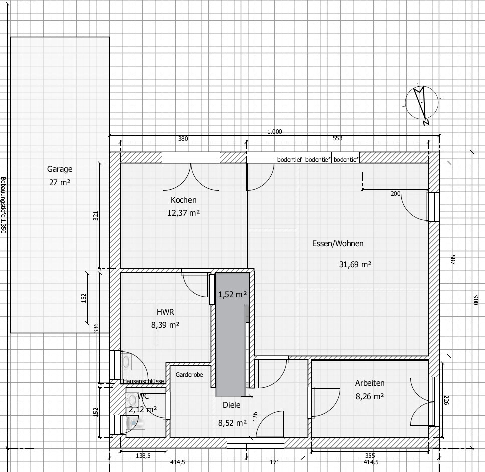 Floor plan of a house: Kitchen, Dining/Living, Garage, Utility room, Hall, WC, Office.