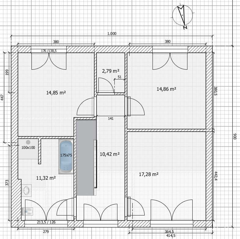 Apartment floor plan: four rooms (14.85 m2; 14.86 m2; 17.28 m2; 11.32 m2), hallway 10.42 m2, bathroom.