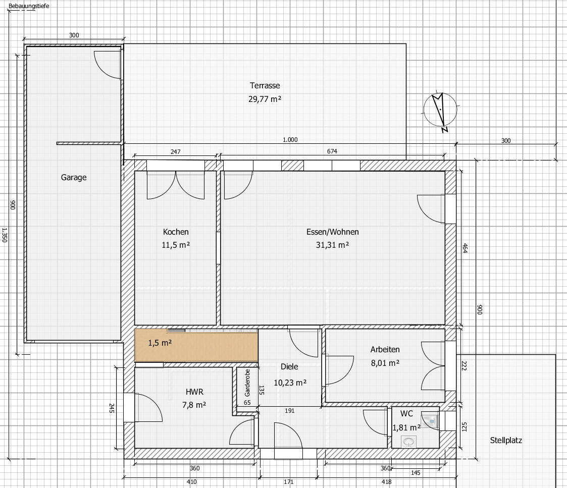 Floor plan of a house: Terrace, Garage, Kitchen, Dining/Living, Hall, Utility room, Office, WC, Parking space.