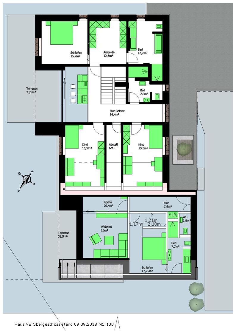 2D Grundriss eines Hauses mit Schlafzimmern, Wohnzimmer, Küche und Terrassen