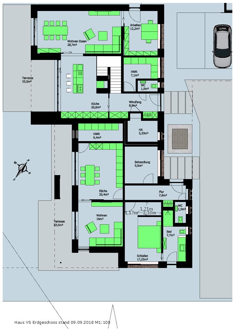 Grundriss Erdgeschoss eines Hauses mit Wohnen, Küche, Schlafzimmer, Bad und Terrasse