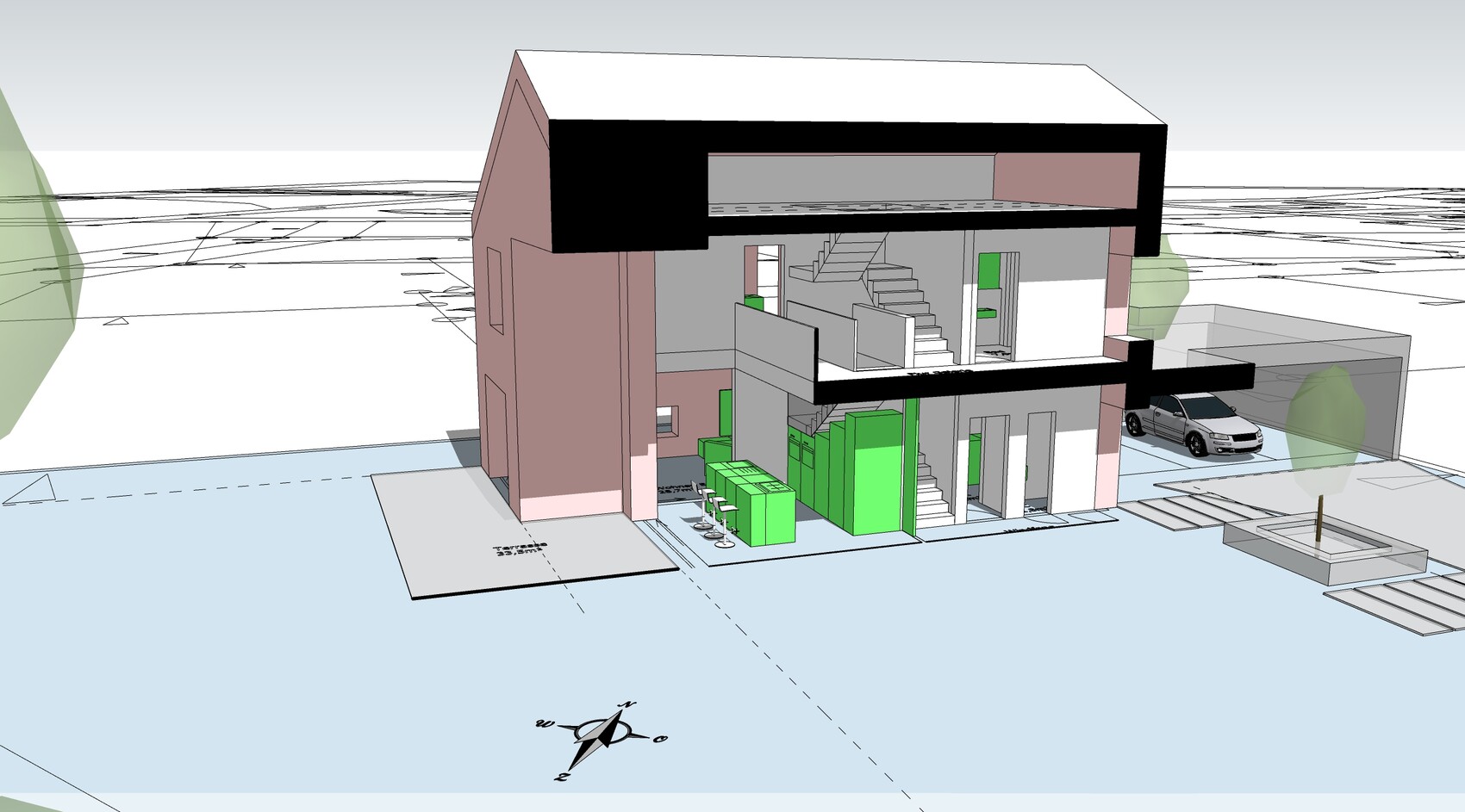 Section through a two-story 3D house model with open kitchen, staircase, and garage