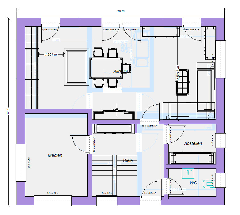 Floor plan of a living and work area with table group, furniture, doors, toilet, and storage room.
