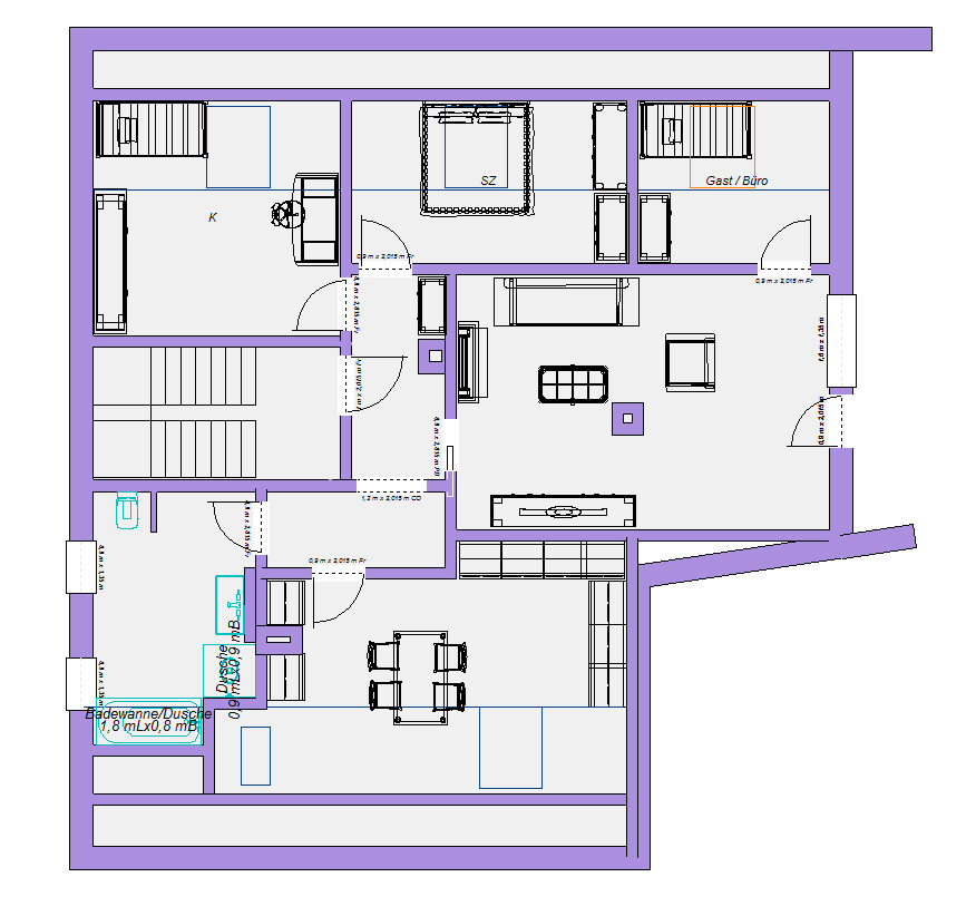 Floor plan of a residential house: kitchen, dining area, living room, bedroom, guest room, bathroom, stairs.