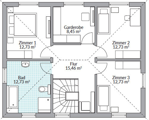 Floor plan of a floor with three rooms, bathroom, corridor, cloakroom, and staircase.