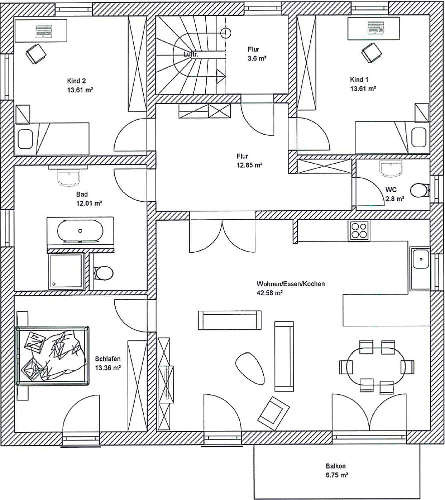 Floor plan of a house with living room, kitchen, bathroom, bedroom, two children's rooms, and balcony