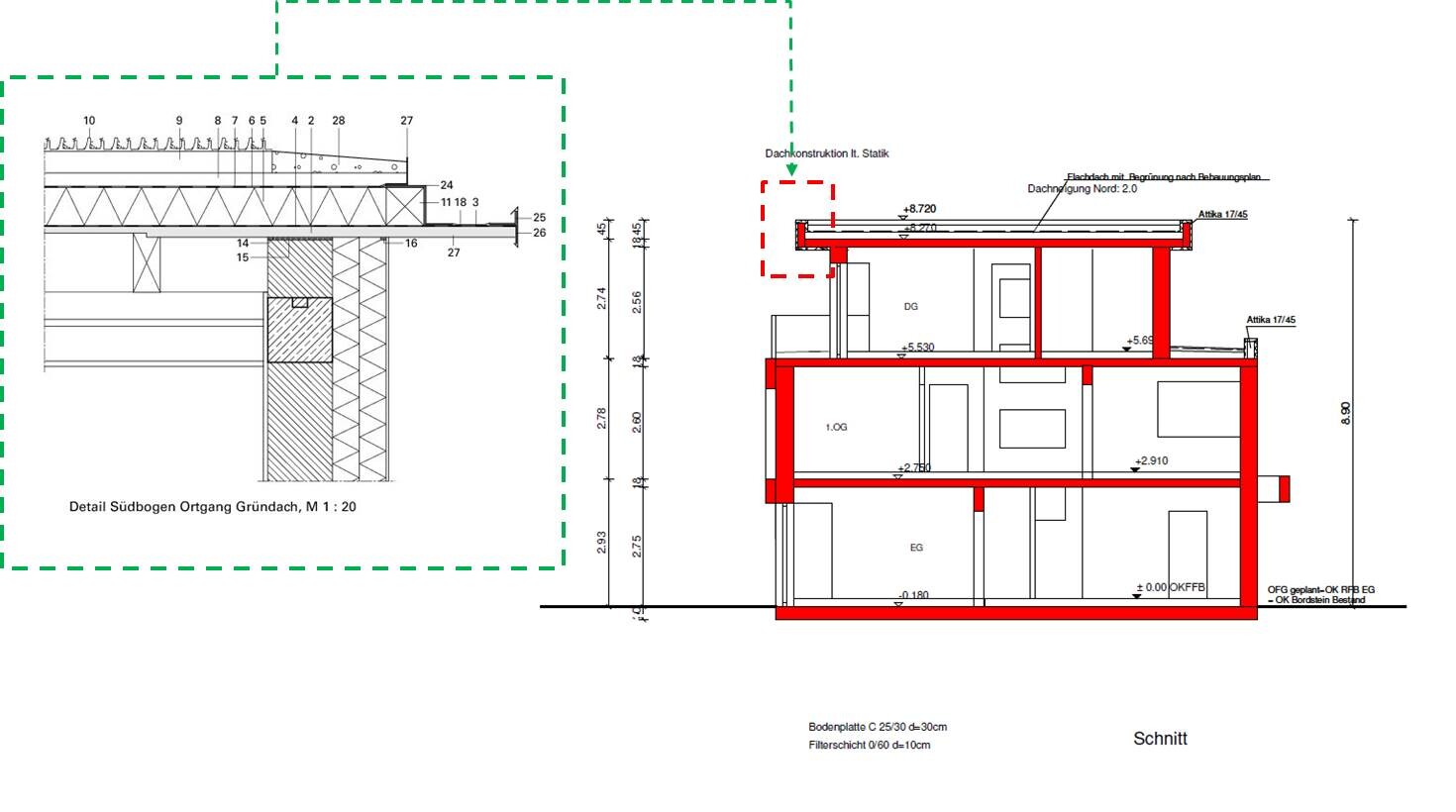 Architectural plan with floor plan detail and section through the building, roof structure visible