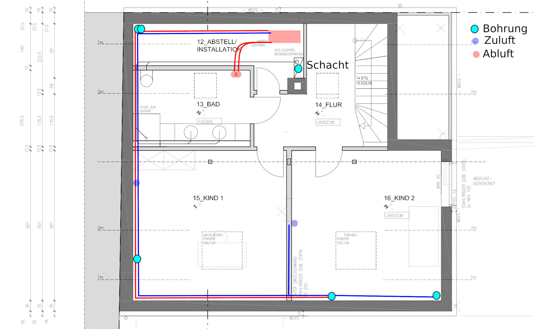 Grundrissplan eines Hauses mit Bad, Flur, Kinderzimmern und Treppen