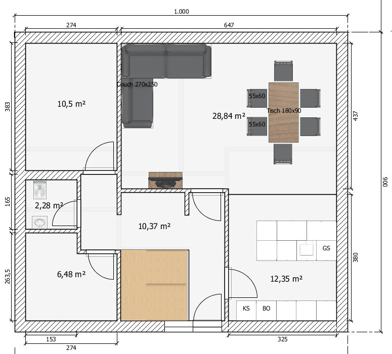 Floor plan of a house: living room with sofa, dining table, kitchen, bathroom, hallway, square meter details.