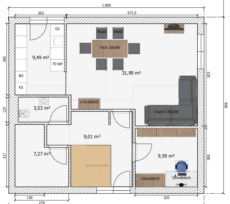 Floor plan of an apartment: living room with dining table and sofa, kitchen, bathroom, office, and hallway.
