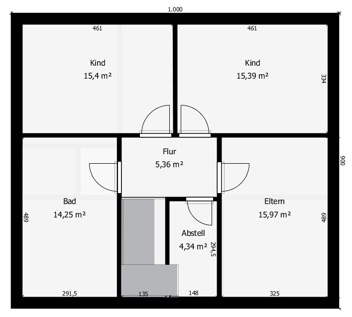 Floor plan: central hallway; 2 children's rooms upstairs; master bedroom lower right; bathroom lower left; storage below.