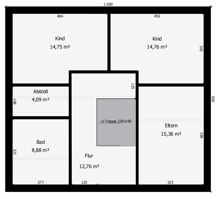 Floor plan of a house with two children's rooms, master bedroom, bathroom, hallway, storage room, and U-shaped staircase.