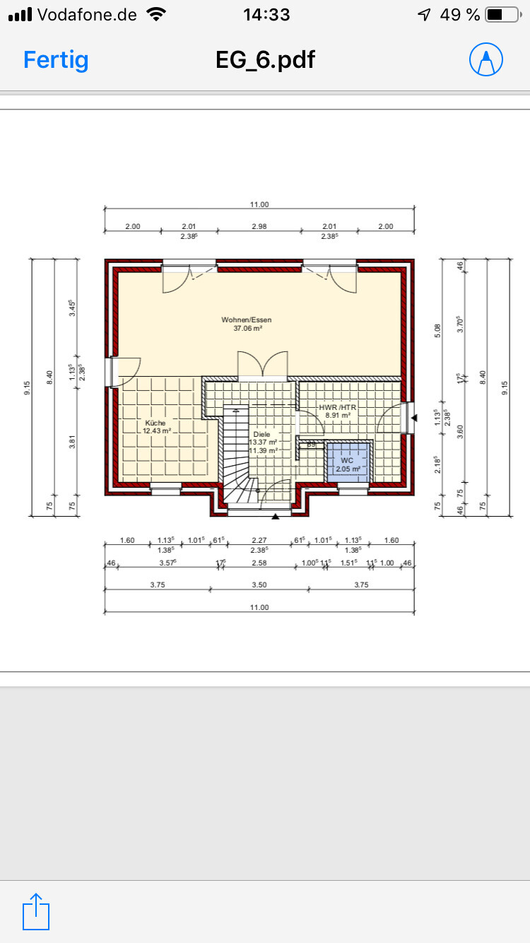 Two-dimensional ground floor plan with living, dining, kitchen, and hallway
