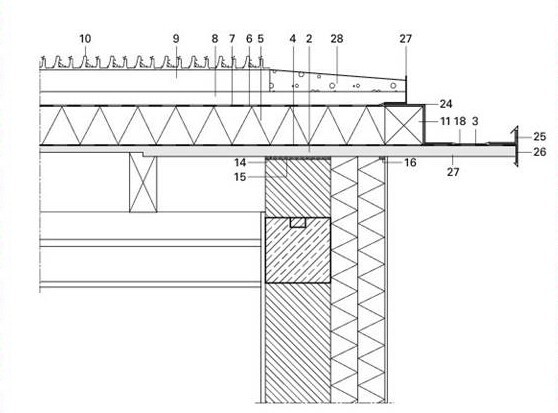 Cross-section of a roof construction over wall, foundation, insulation, and floor slabs