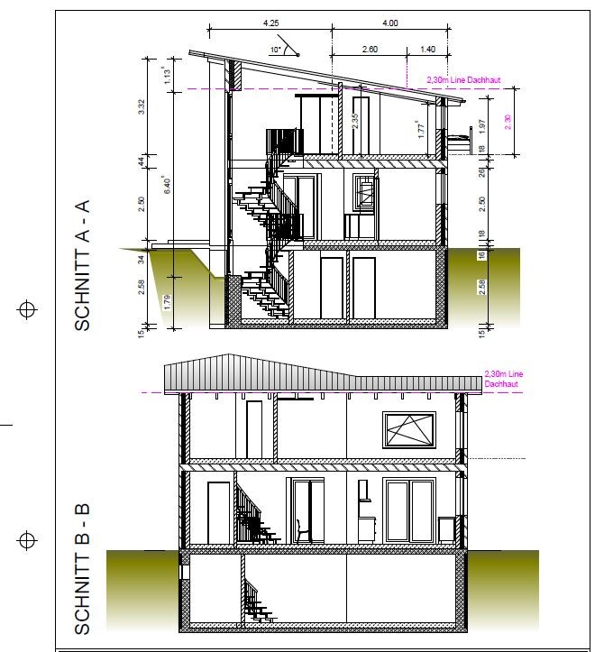 Architectural section of a multi-story house with stairs, walls and foundations