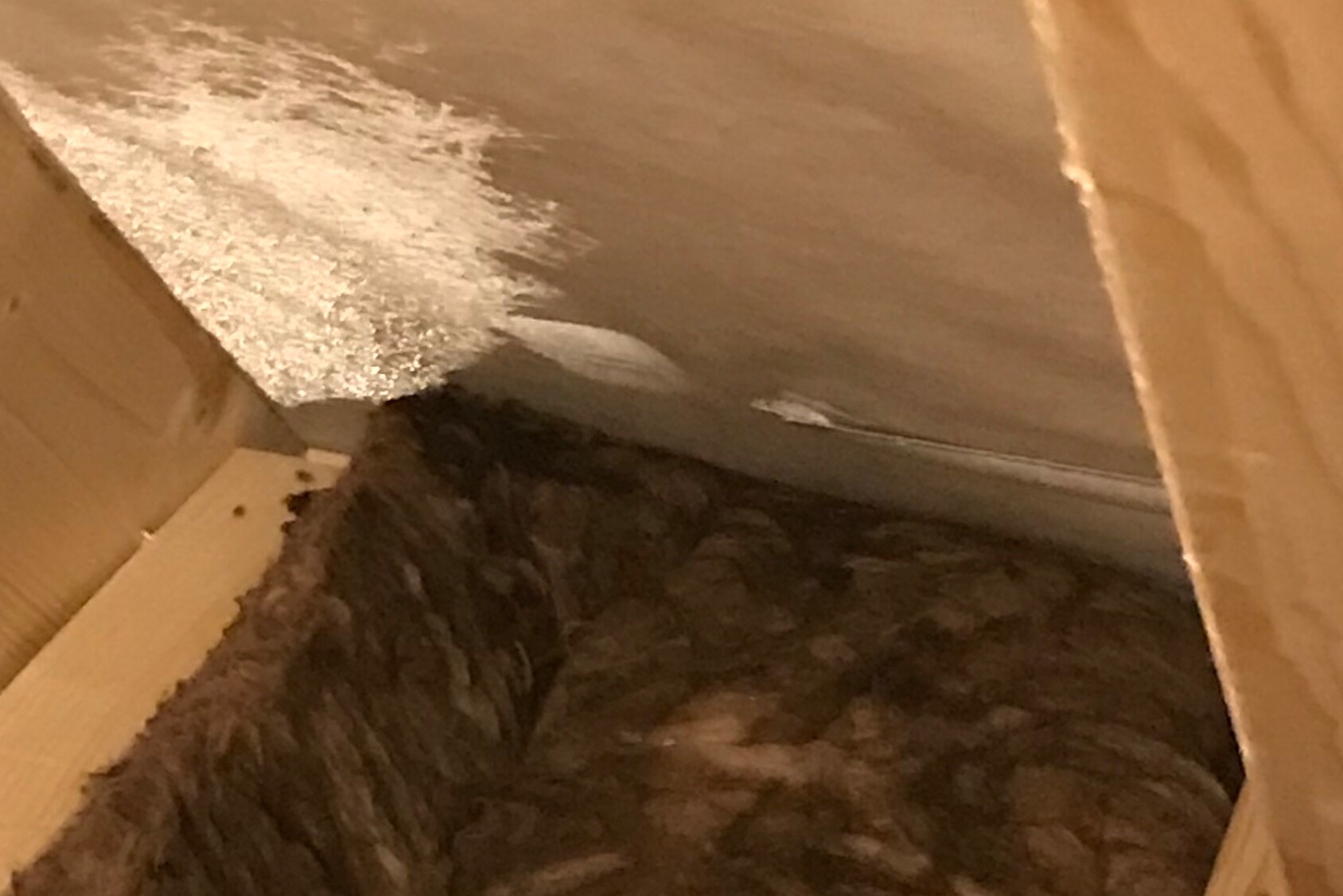 Attic insulation with wooden frame and insulation material visible