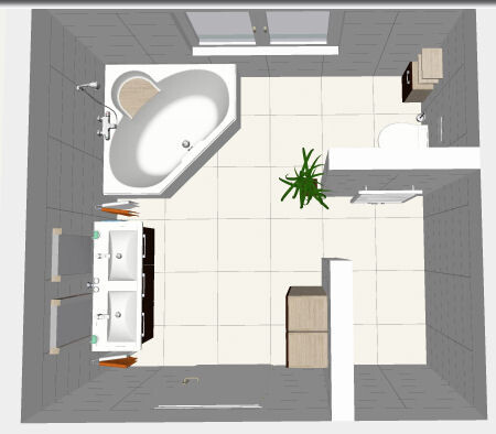3D-Bathroom floor plan with corner bathtub, double sink, plant, and furniture