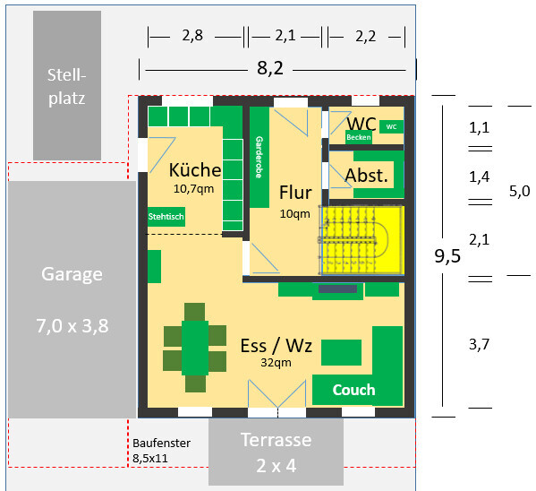 House floor plan: kitchen, dining/living room, hallway, storage room, toilet, terrace, garage, parking space.