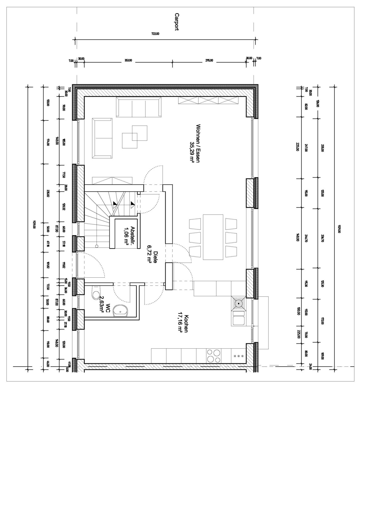 Grundriss eines Hauses mit offenem Küchen- und Essbereich und Wohnbereich