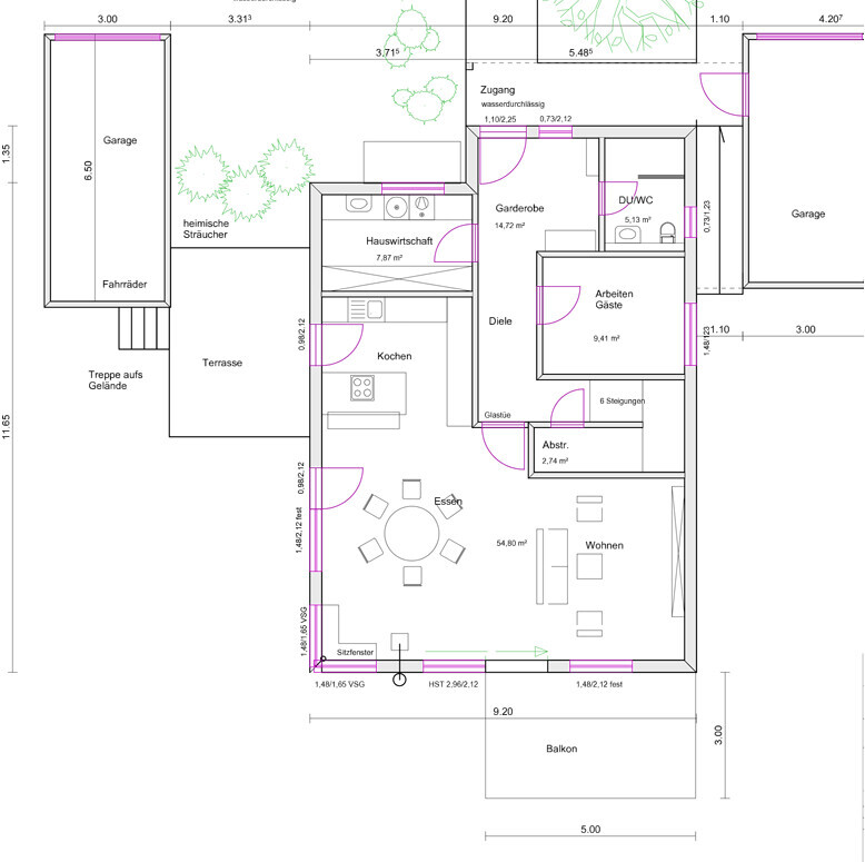 Floor plan of a single-family house with kitchen, living room, dining area and terrace.