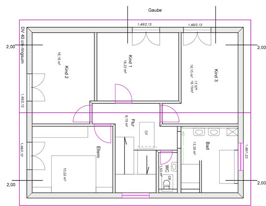 2D floor plan of a house with master and children’s bedrooms, bathroom, kitchen, hallway