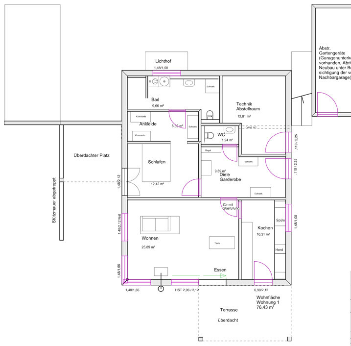 Floor plan of a house with living area, bedrooms, kitchen, bathroom and terrace