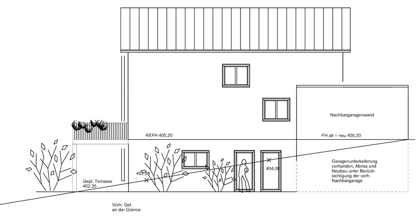 Architectural drawing of a modern house front with terrace and garage.