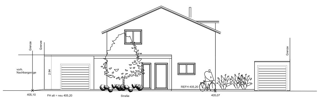 Exterior view of a two-storey single-family house with garage, garden and bicycle at the entrance.