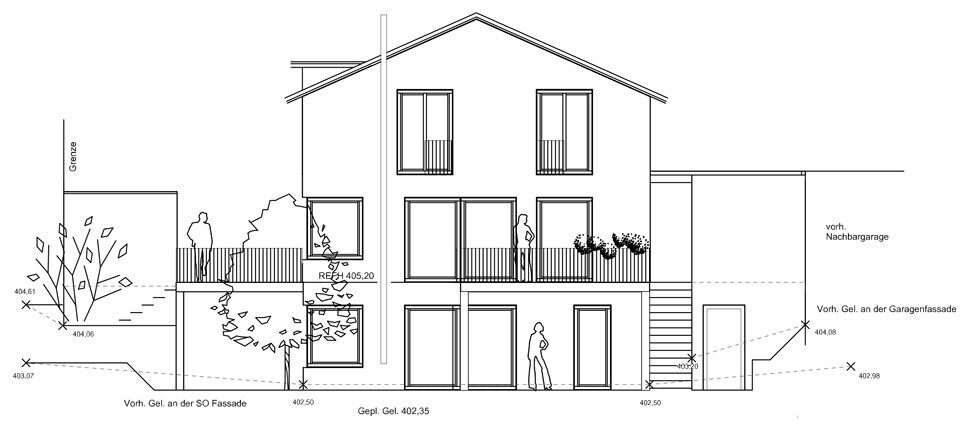 Architectural front view of a two-storey house with balcony and garden area