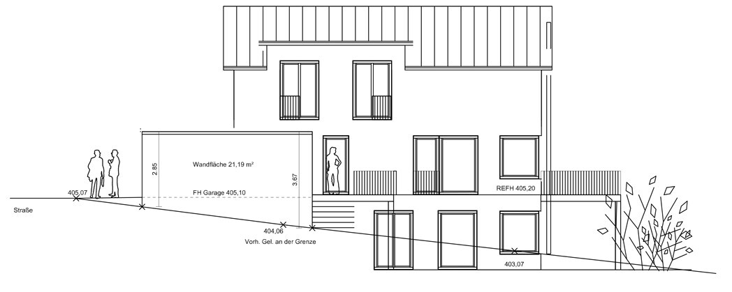 Two-storey house with garage on the plot, street-side facade and terrain slope