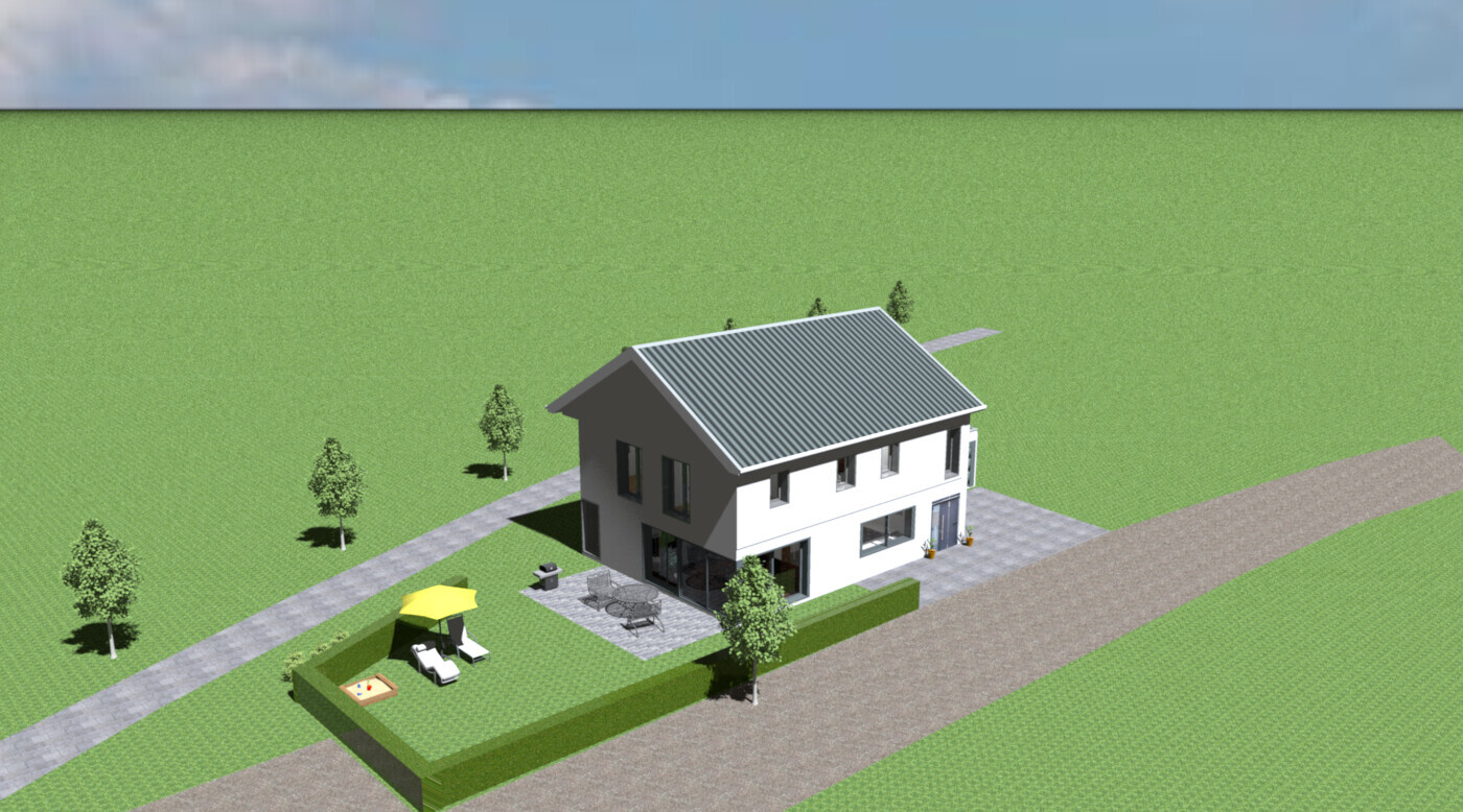 Außenansicht eines modernen Einfamilienhauses mit Terrasse, Gartenmöbeln und Zufahrt