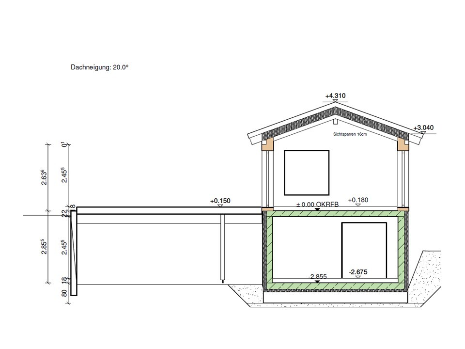 Schnittzeichnung eines Hauses mit Rohbau, Fundament, Keller und Dach