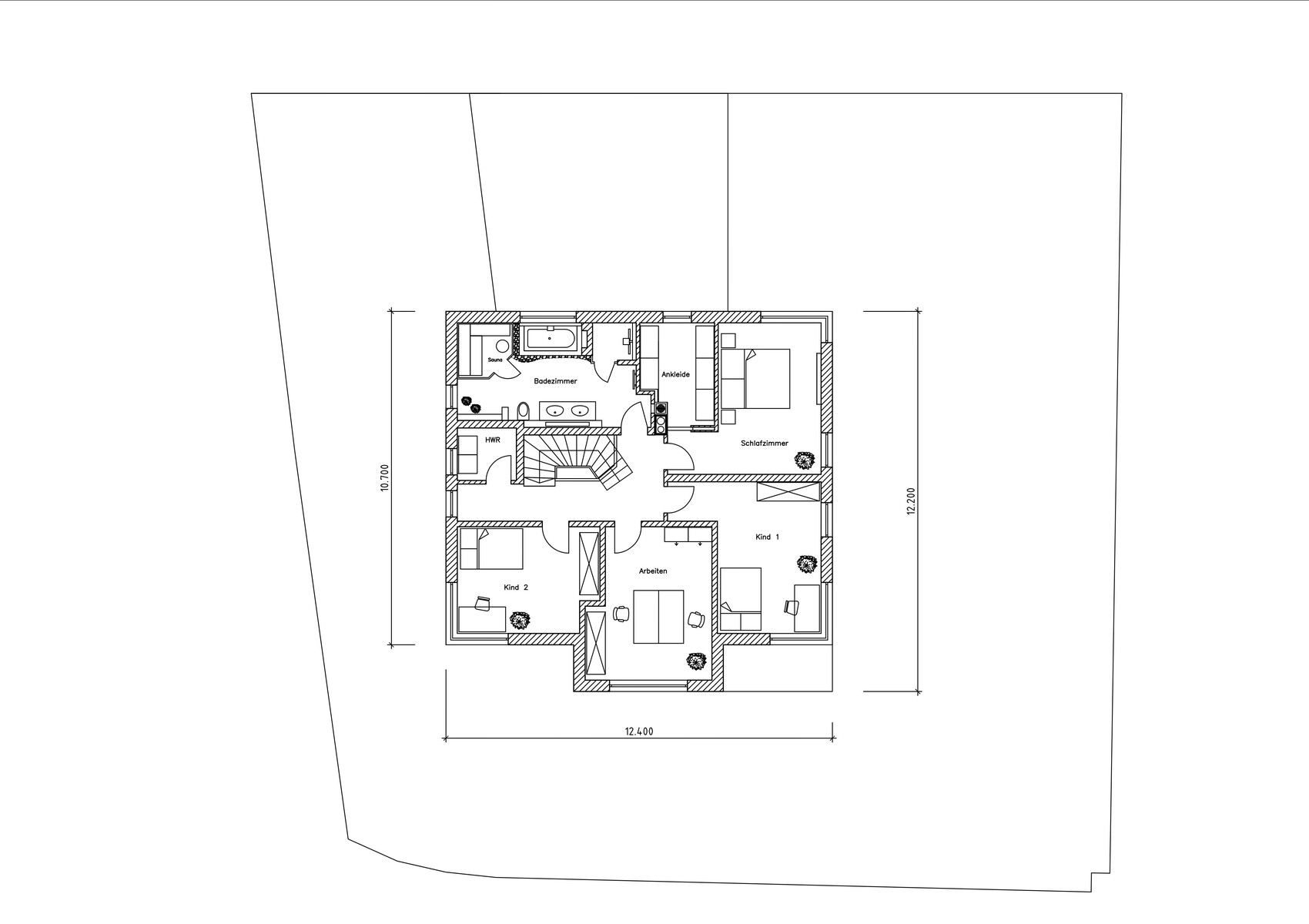 Grundriss eines Hauses: Schlafzimmer, zwei Kinderzimmer, Arbeitszimmer, Bad, Ankleide.