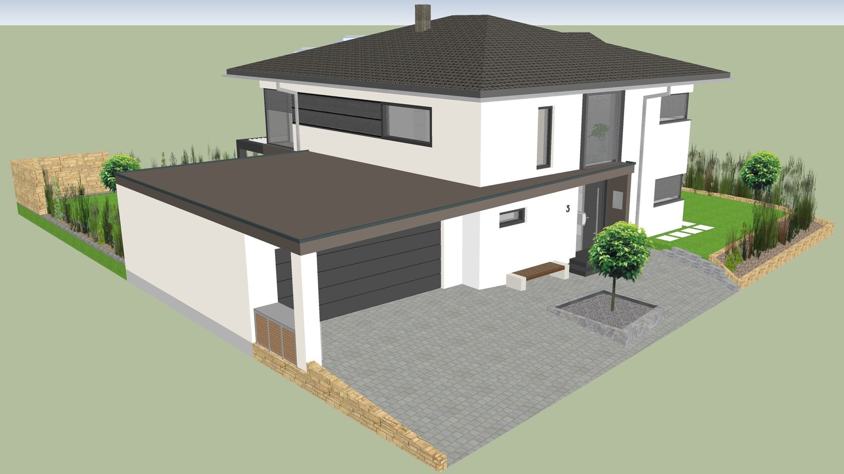 Moderne zweigeschossige Villa mit Garage, Zufahrt und gepflegtem Garten.
