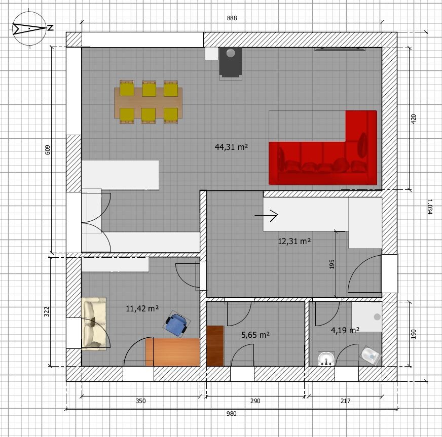 Grundriss eines Apartments: Offenes Wohnzimmer mit rotem Sofa, Esstisch, Küche, Schlafzimmer.