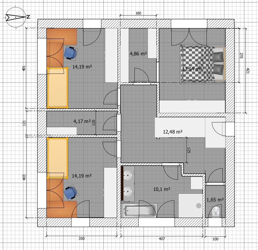 Grundriss eines Apartments mit drei Schlafzimmern, Wohnzimmer, Bad, Flur, Türen.