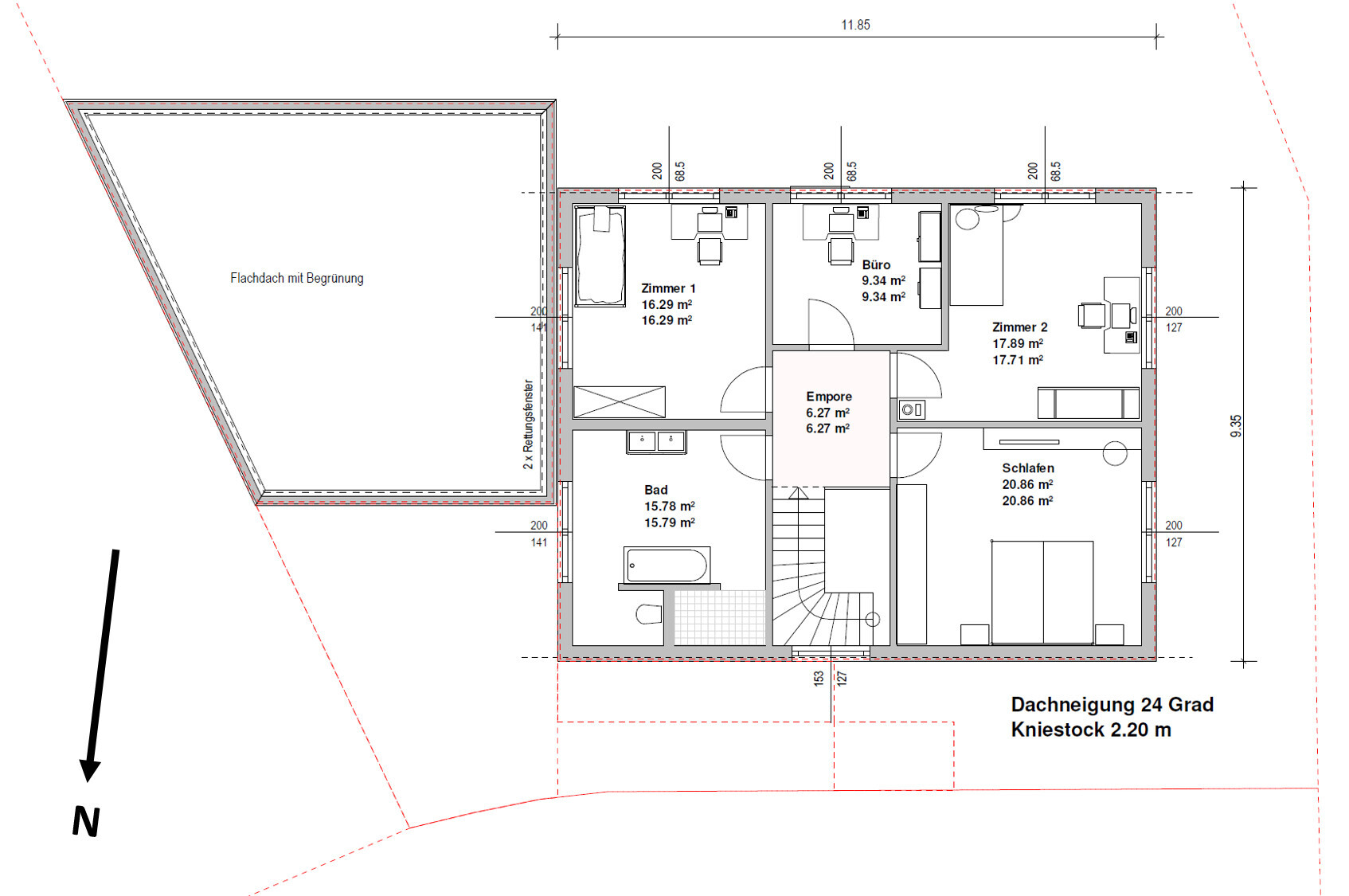 Upper floor plan with room 1, office, room 2, bedroom, bathroom, landing, and stairs