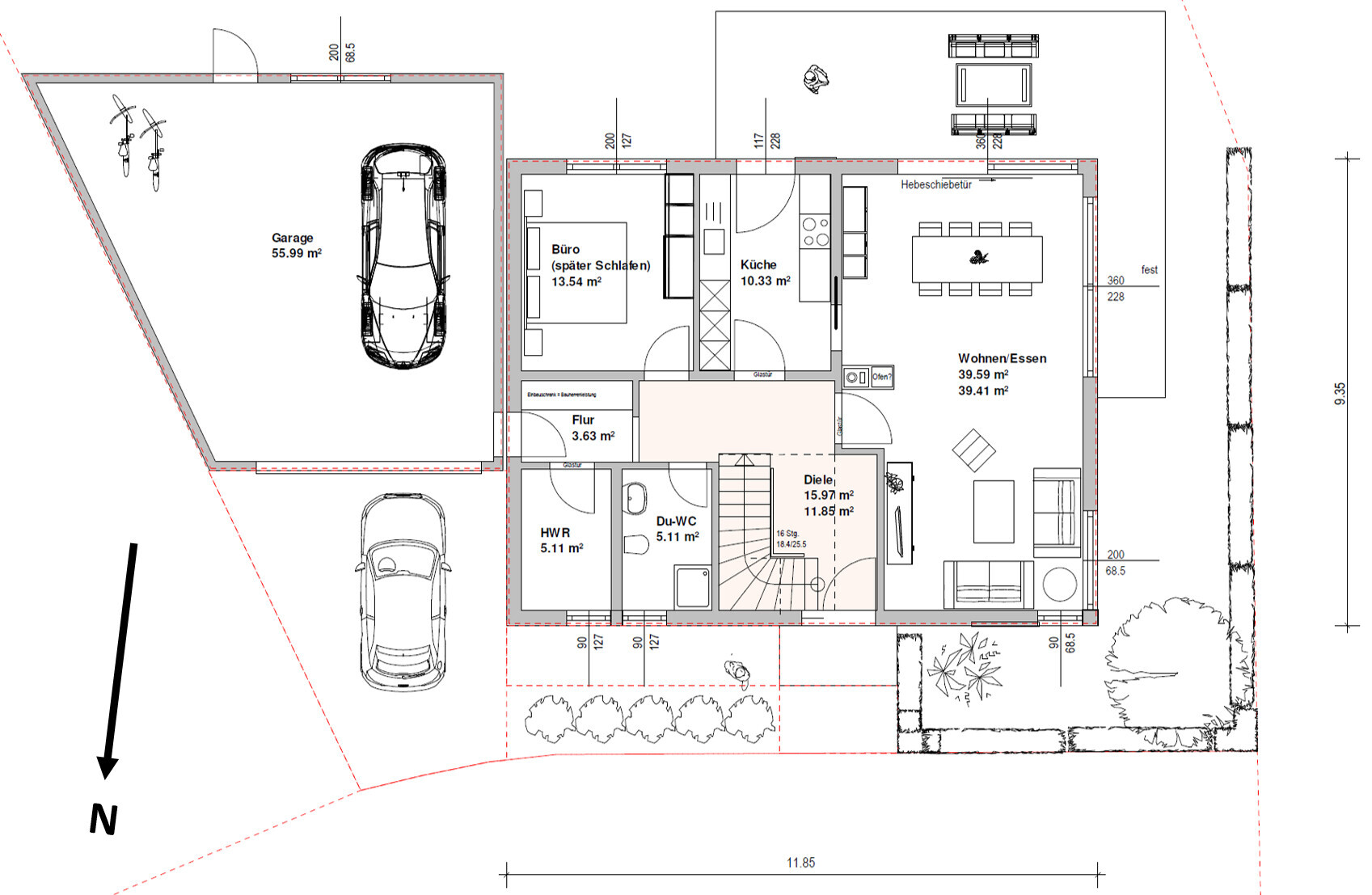 Floor plan of a single-family house with garage, two cars, living/dining area, kitchen, office.